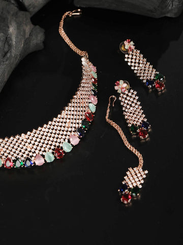 Multi Color Rose Gold Plated Choker Set with MaangTikka