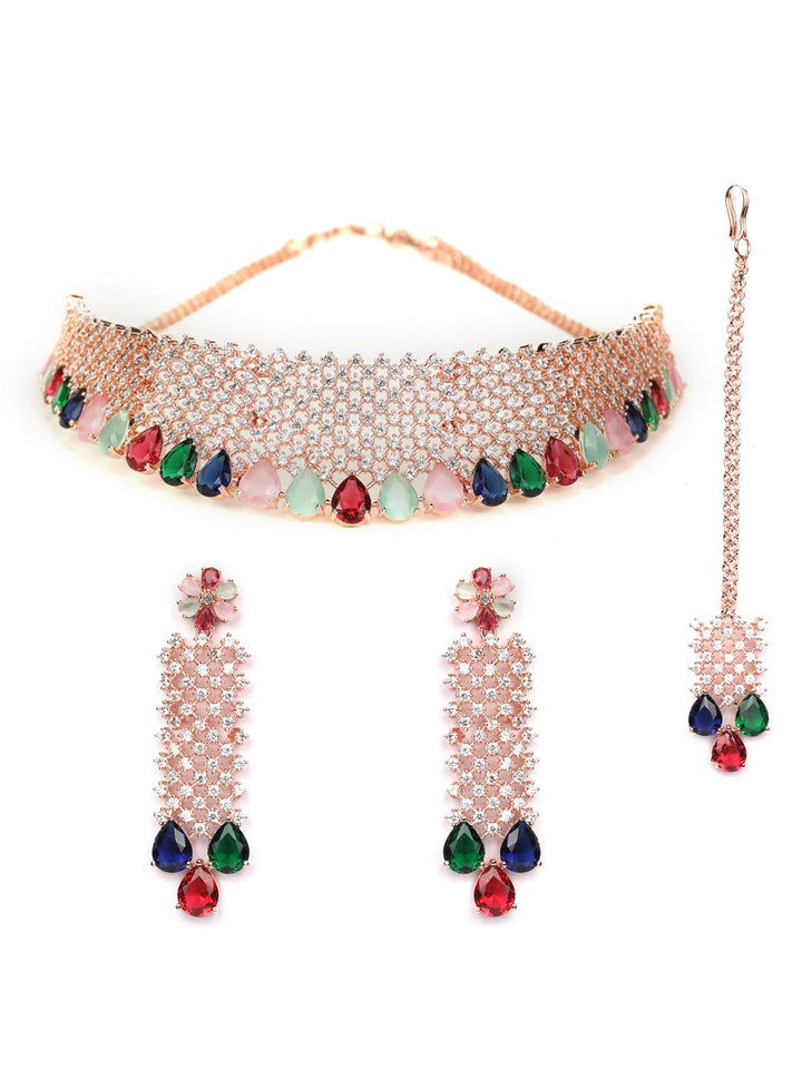 Multi Color Rose Gold Plated Choker Set with MaangTikka