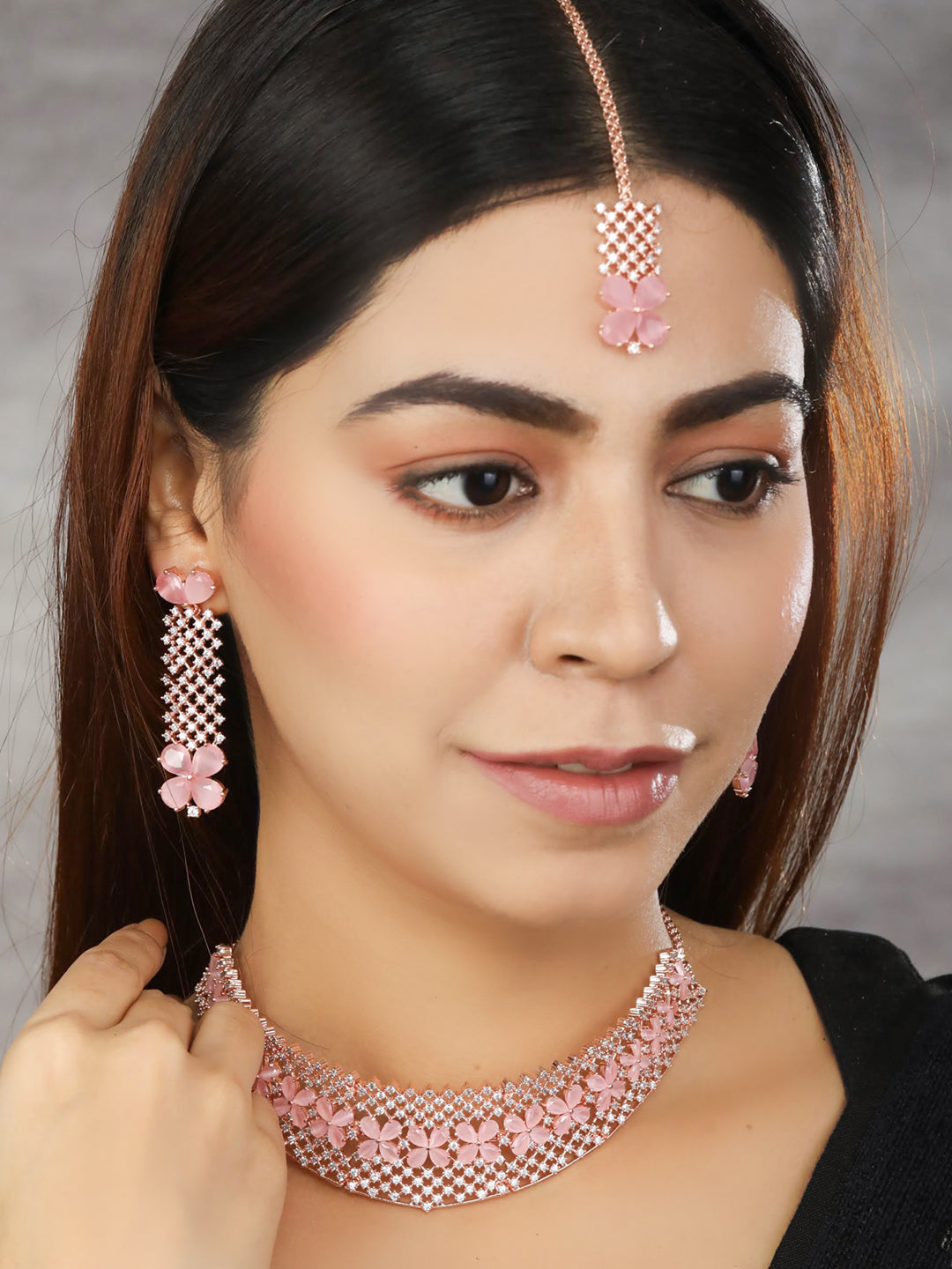 Pink American Diamond Rose Gold Set with MaangTikka – Priyaasi