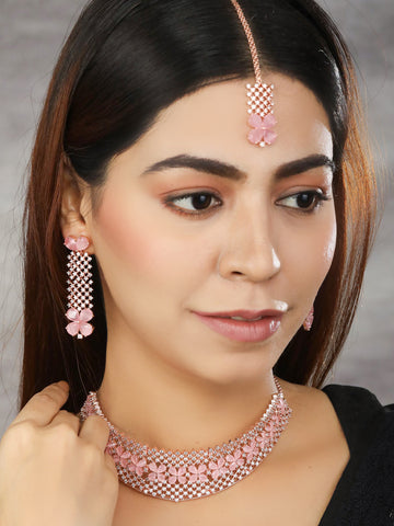 Pink American Diamond Rose Gold Plated Choker Set with MaangTikka