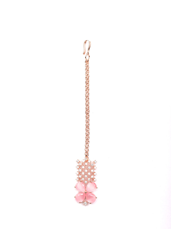 Pink American Diamond Rose Gold Plated Choker Set with MaangTikka