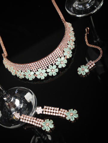 Minty Gold - Green American Diamond Cubic Zirconia Rose Gold Plated Choker Set with MaangTikka