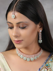 Minty Gold - Green American Diamond Cubic Zirconia Rose Gold Plated Choker Set with MaangTikka