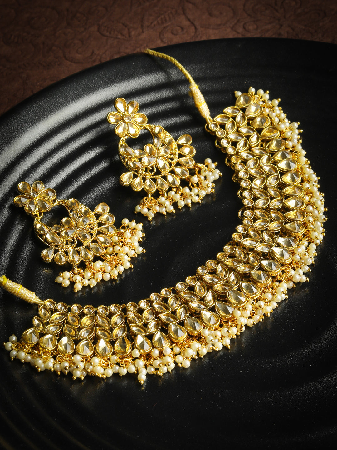 White Stones Pearls Gold Plated Jewellery Set
