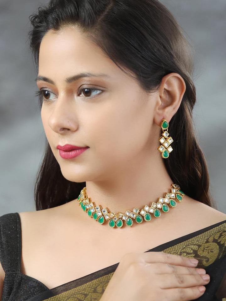 Green Kundan Emerald Gold Plated Jewellery Set