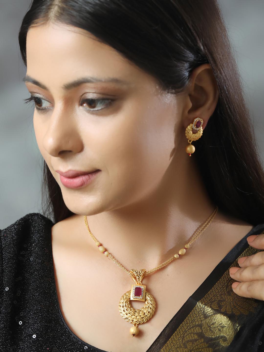 Leaf Twirl - Maroon Ruby American Diamond Gold Plated Jewellery ...