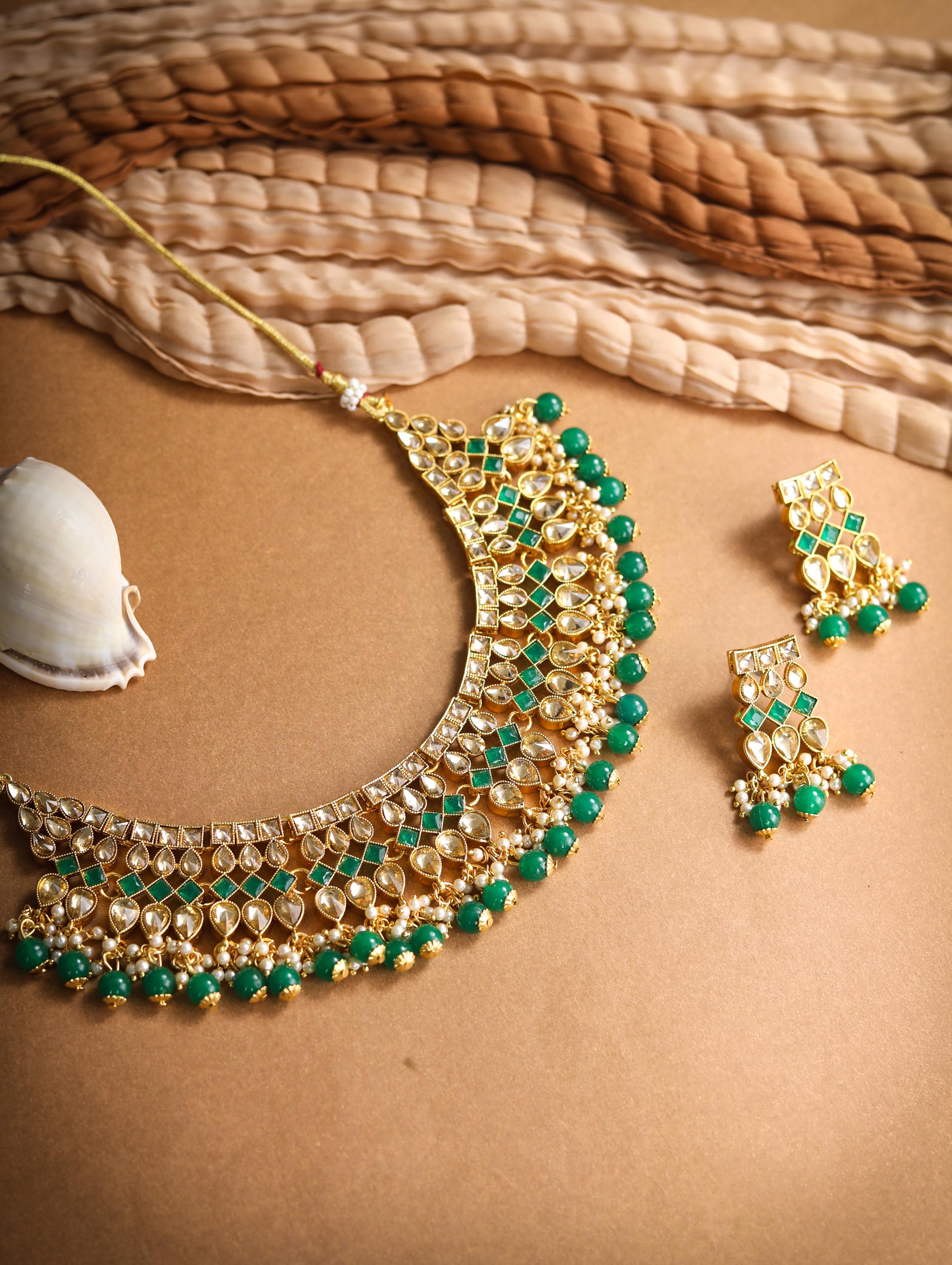 Green Kundan Pearls Gold Plated Choker Set