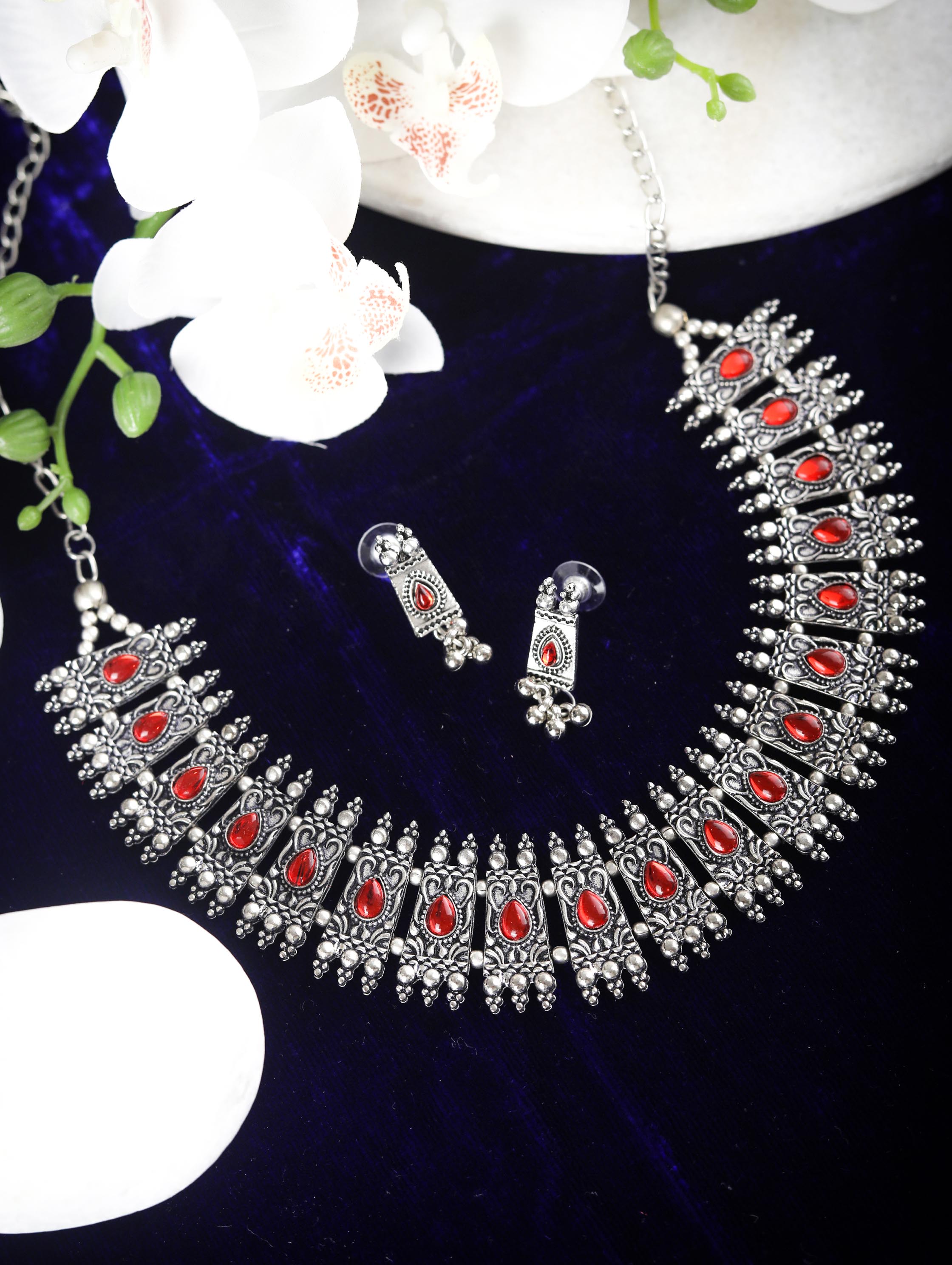 Red Stones Studded Silver Plated Jewellery Set
