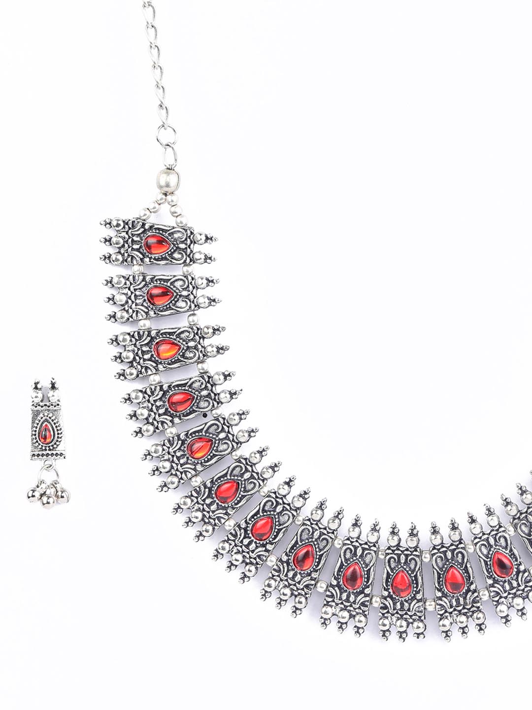 Red Stones Studded Silver Plated Jewellery Set