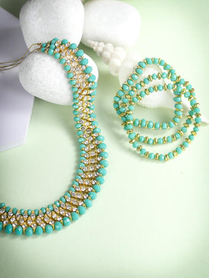Mint Green Cubic Zirconia Stones Studded Gold Plated Jewellery Set with Bracelet