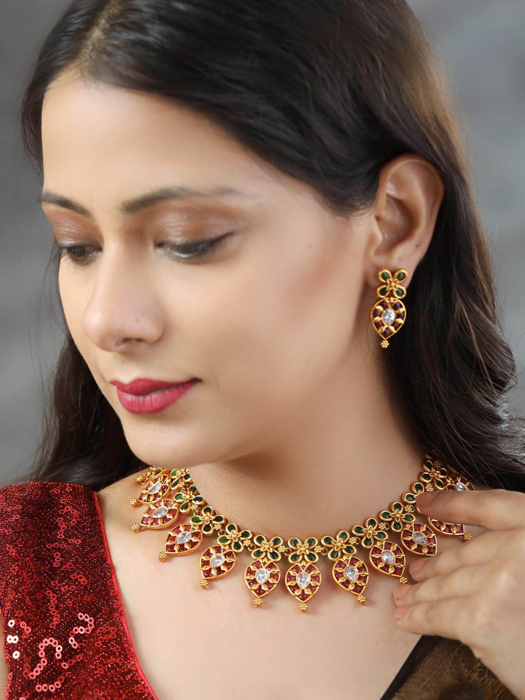 Ruby Emerald Gold Plated Jewellery Set