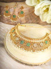 SunShine - Kundan Green Gold Plated Choker Set with MaangTikka