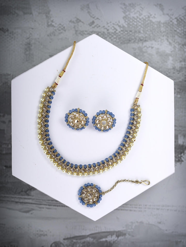 Blue White Kundan Gold Plated Jewellery Set