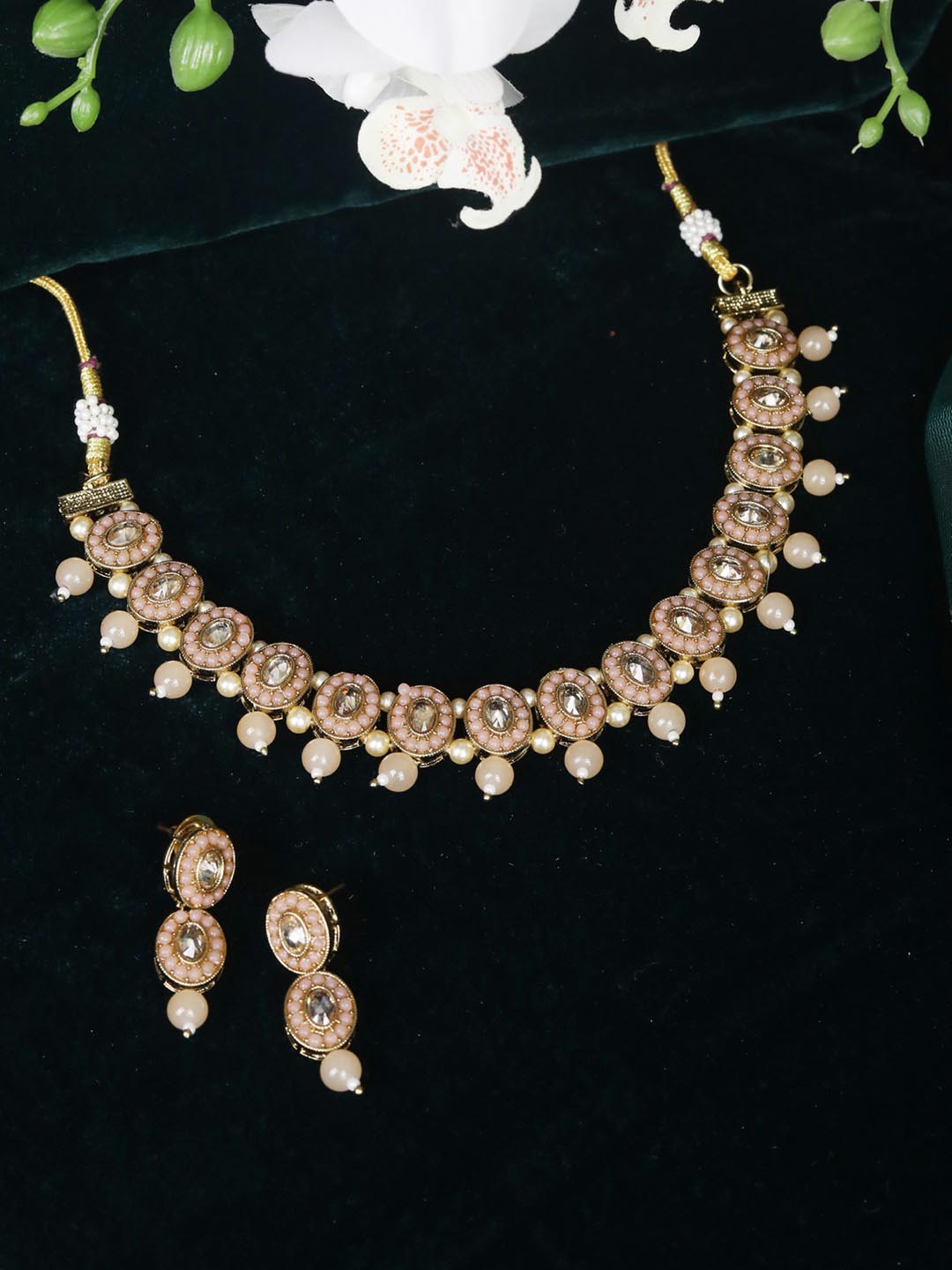 Pink Peach Pearls Gold Plated Jewellery Set