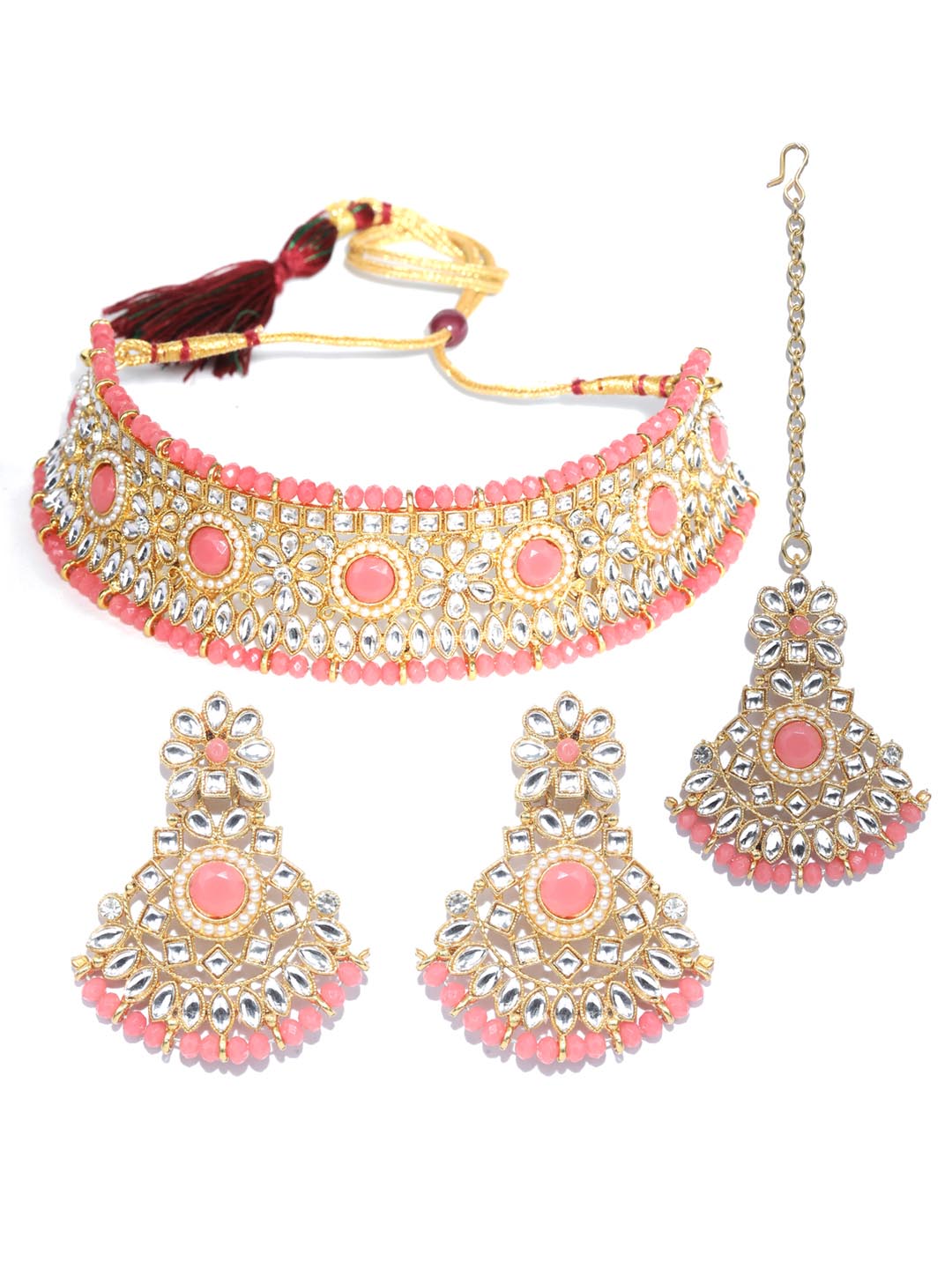 Pink Kundan Pearls Gold Plated Choker Set with MaangTikka