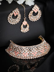 Pink Kundan Stones Rose Gold Plated Choker Set with MaangTikka