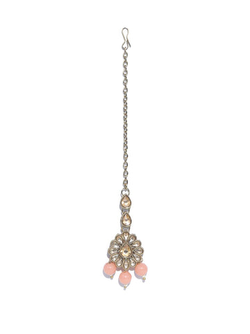 Pink Kundan Stones Rose Gold Plated Choker Set with MaangTikka