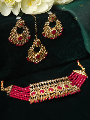 Red Kundan Pearls Gold Plated Choker Set with Maang Tikka