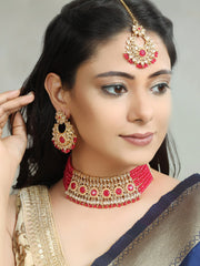 Red Kundan Pearls Gold Plated Choker Set with Maang Tikka