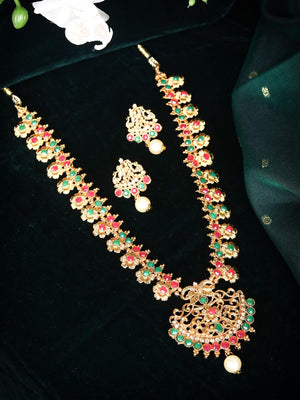 Green Kemp Stones Pearls Gold Plated Jewellery Set