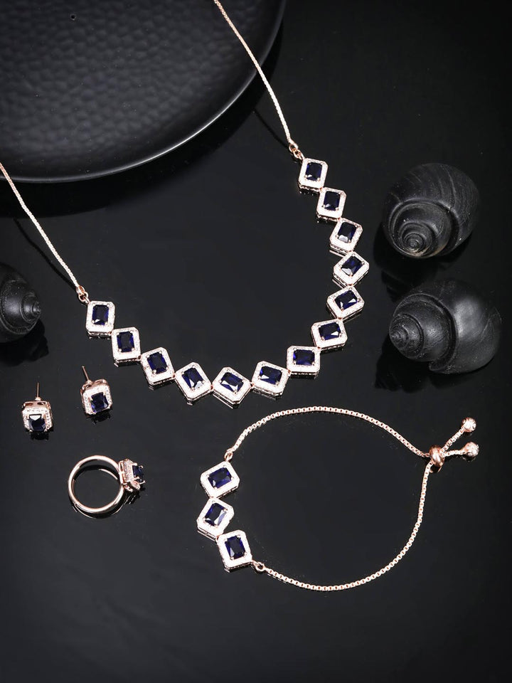 Blue American Diamond Rose Gold Plated Jewellery Set with Ring & Bracelet