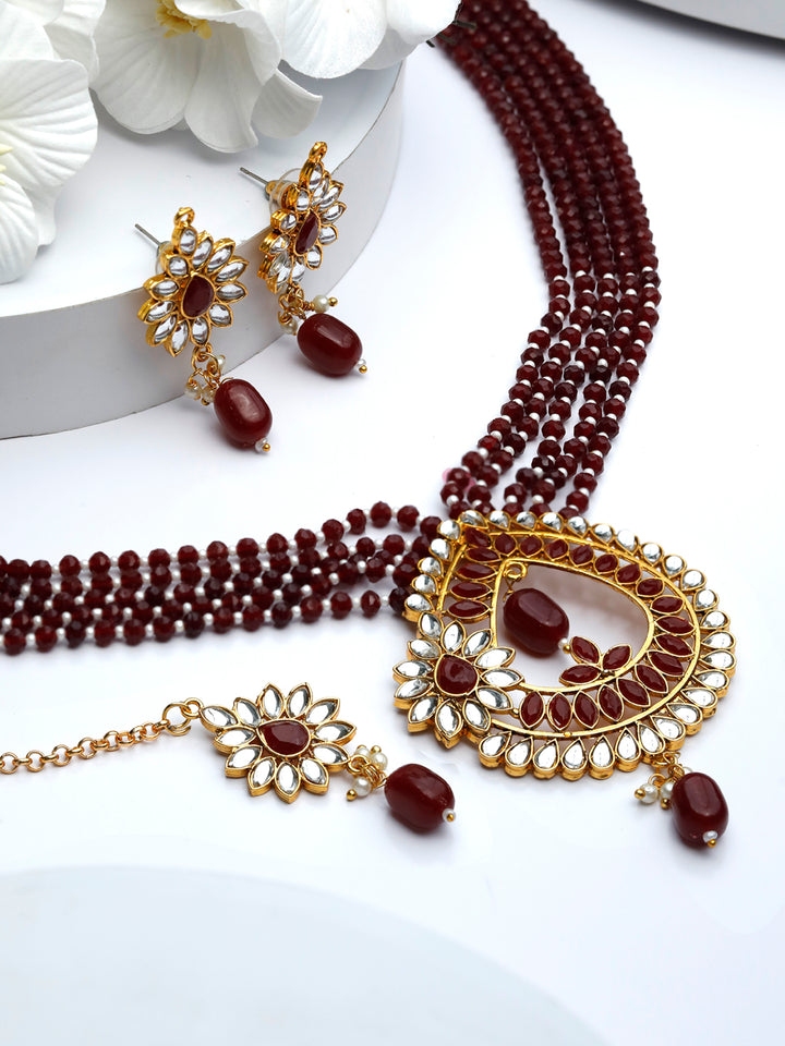 Maroon Gold Plated Kundan Jewellery Set