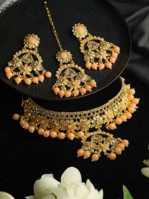 Peach Kundan Gold Plated Floral Choker Set with MaangTikka