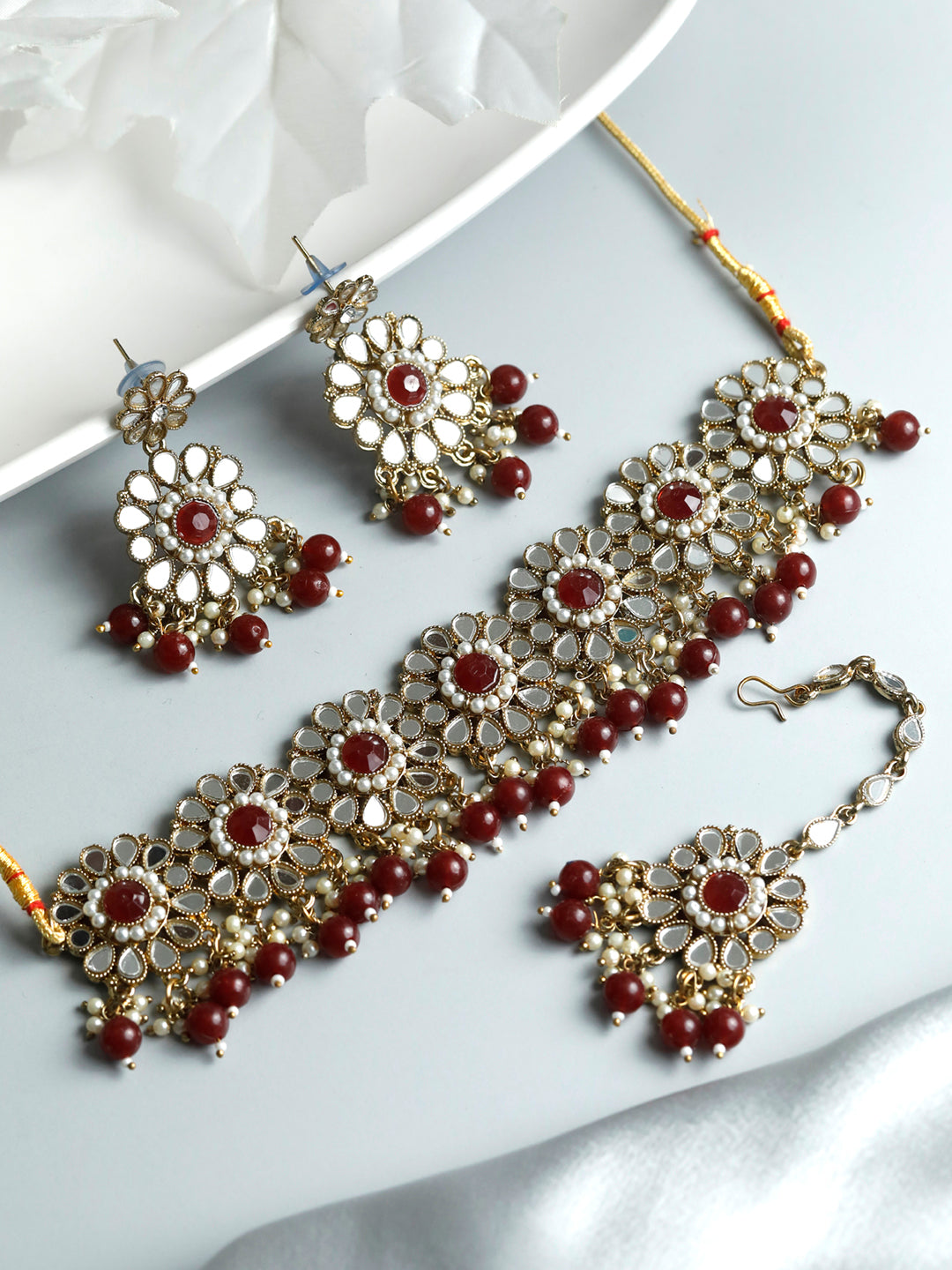 Mirror Studded Maroon Floral Jewellery Set