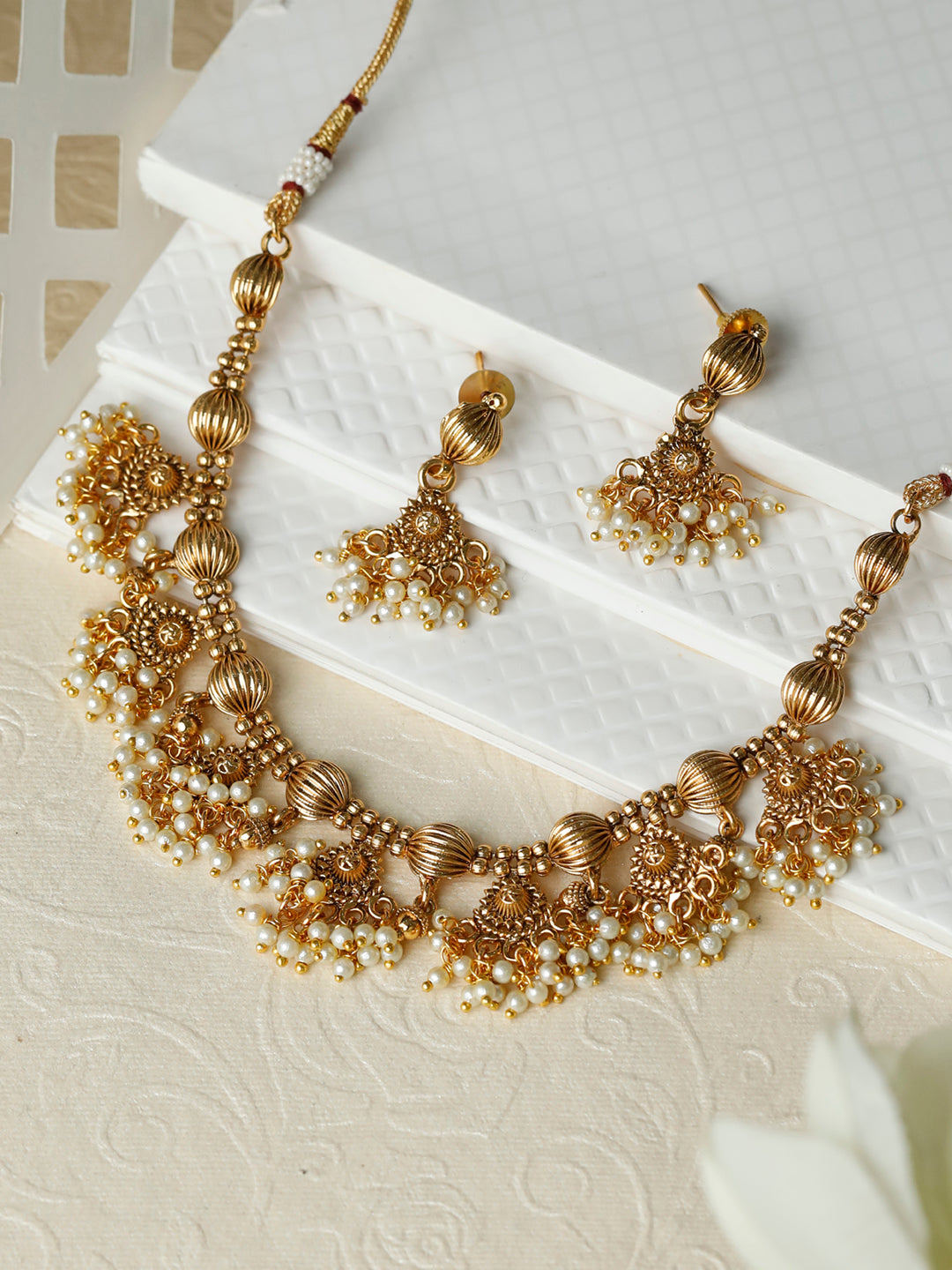 Ethnic Pearl Gold Plated Floral Jewellery Set