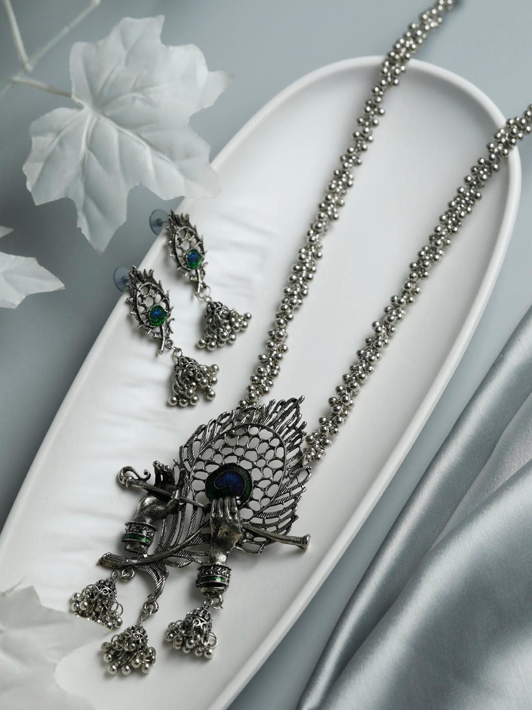 Oxidised Krishna Peacock Feather Jewellery Set – Priyaasi