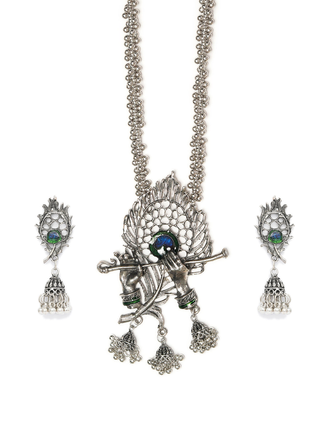 Oxidised Krishna Peacock Feather Jewellery Set