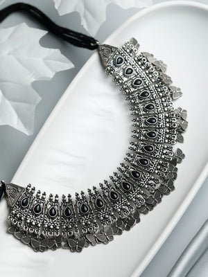 Priyaasi Black Stone Studded Tribal German Silver Necklace