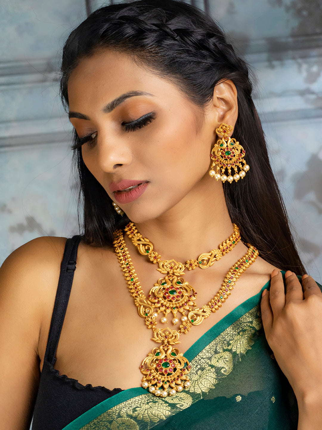 Traditional Gold Plated Real Kemp Peacock Jewelley Set