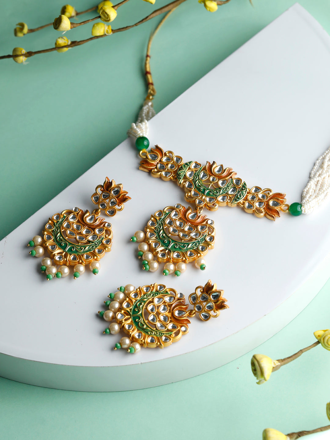 Kundan Green & Gold Lotus Meenakari Jewellery Set