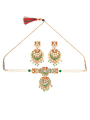 Kundan Green & Gold Lotus Meenakari Jewellery Set