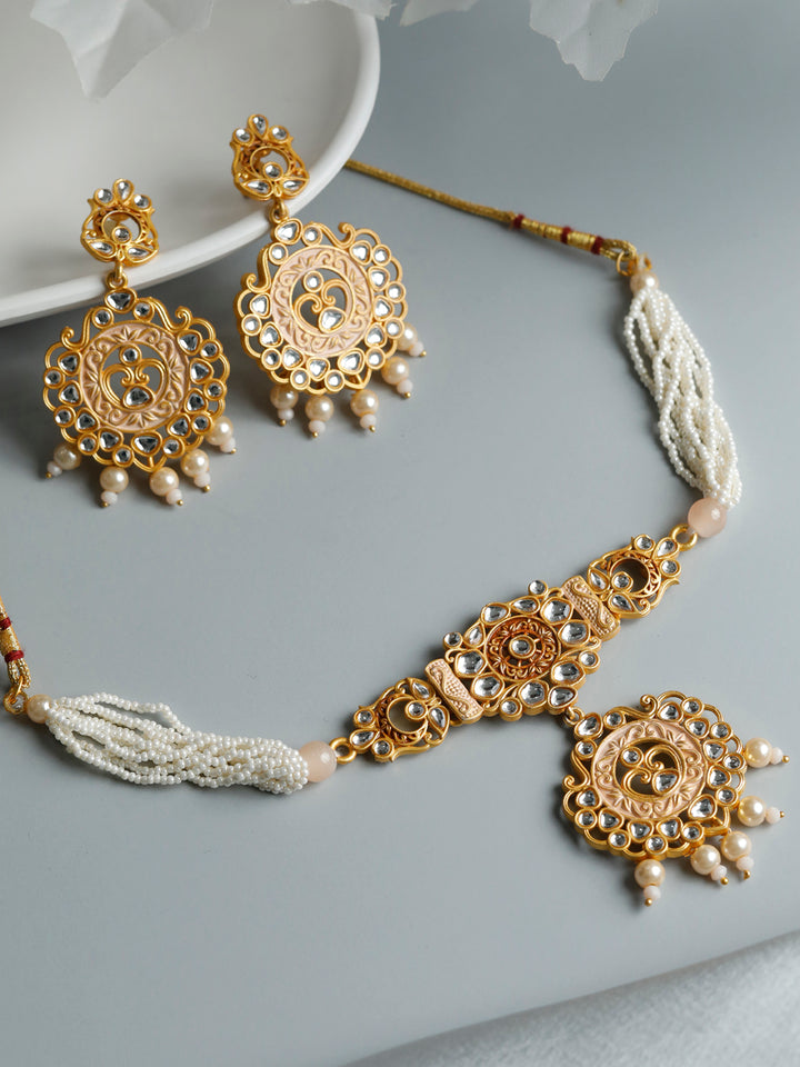 Gold & Peach Kundan Meenakari Jewellery Set