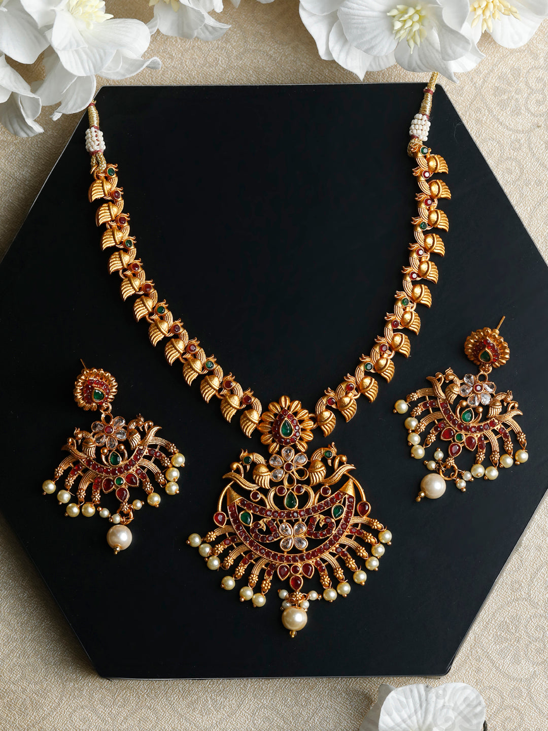 Traditional Gold Plated Real Kemp Peacock Jewellery Set
