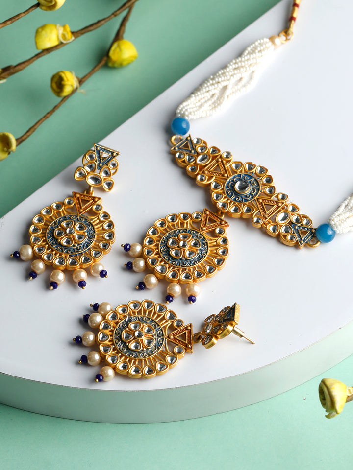 Ethnic Gold & Blue Kundan Studded Meenakari Jewellery Set