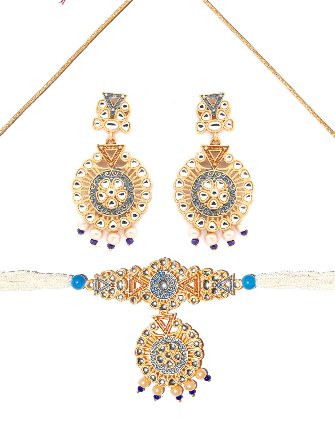 Ethnic Gold & Blue Kundan Studded Meenakari Jewellery Set