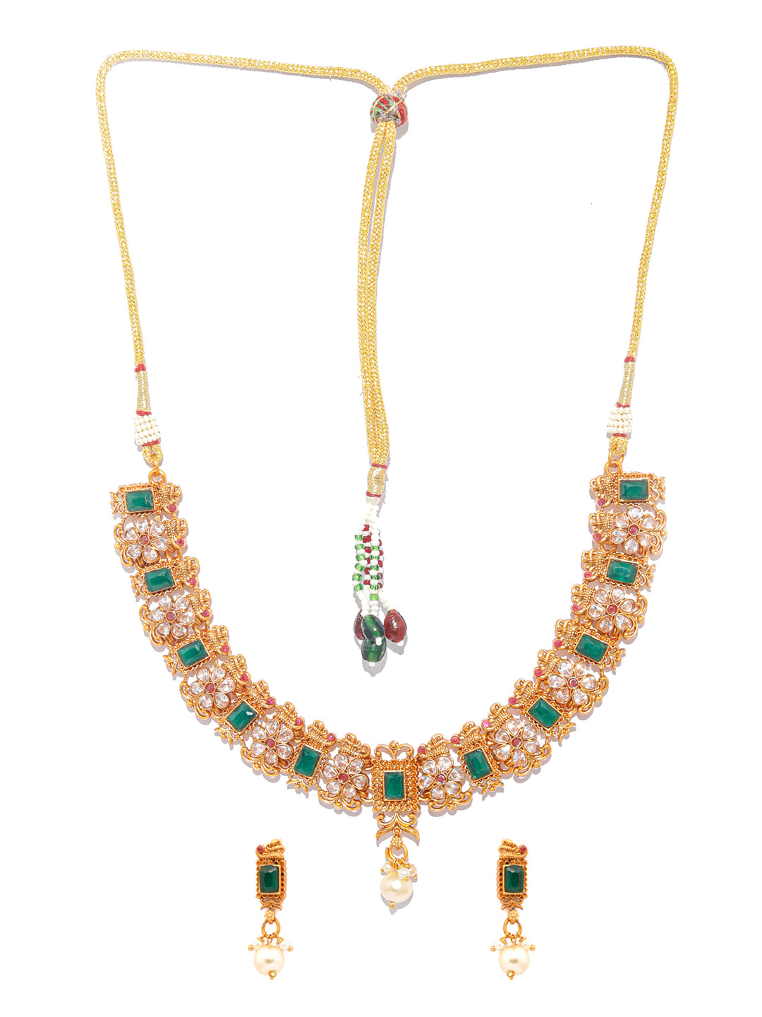 Ethnic Ruby & Green Gold Plated Floral Jewellery Set