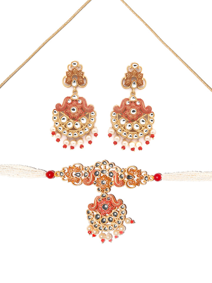 Ethnic Gold & Red Floral Meenakari Jewellery Set