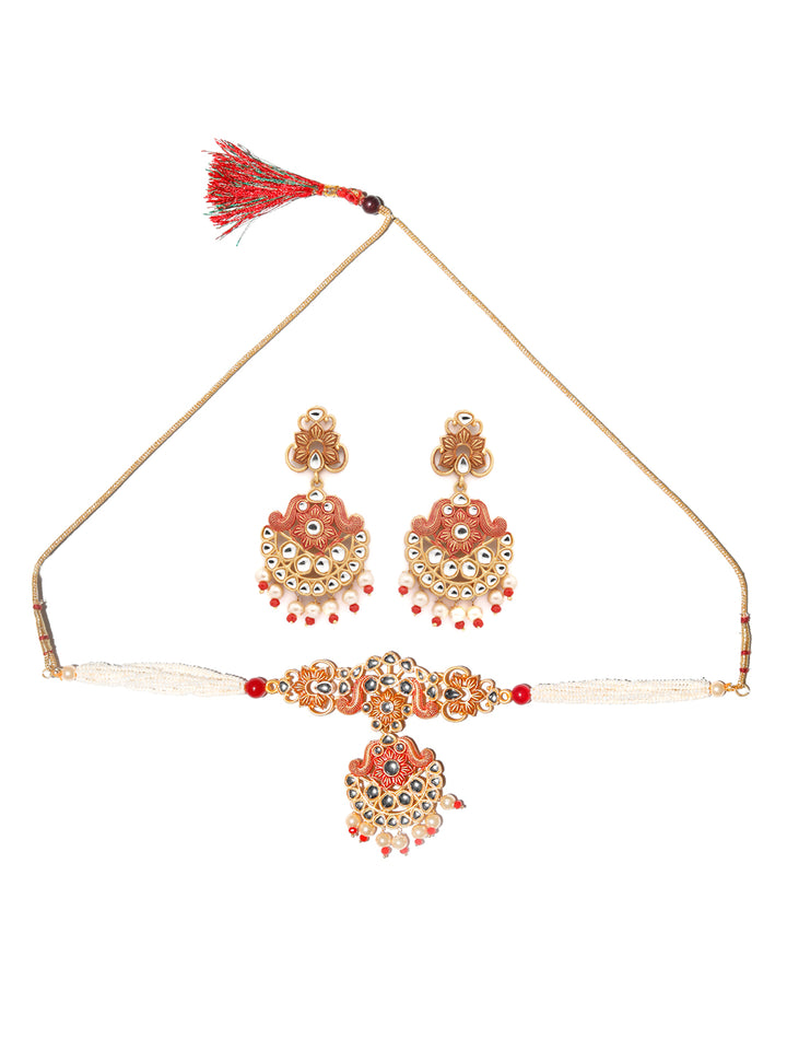 Ethnic Gold & Red Floral Meenakari Jewellery Set