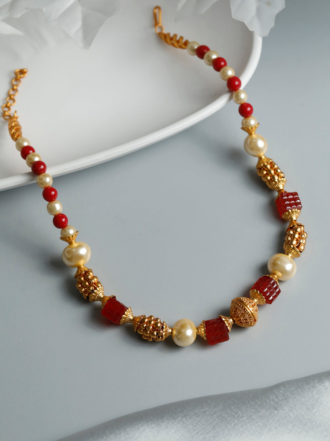 Ethnic Red & White Gold Plated Necklace