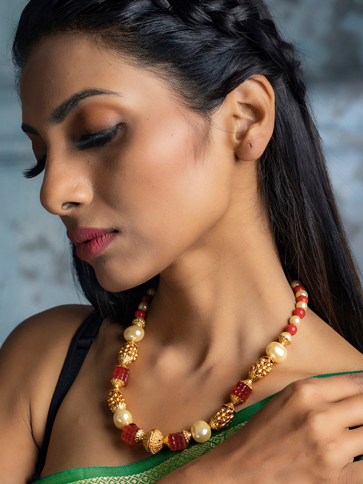 Ethnic Red & White Gold Plated Necklace