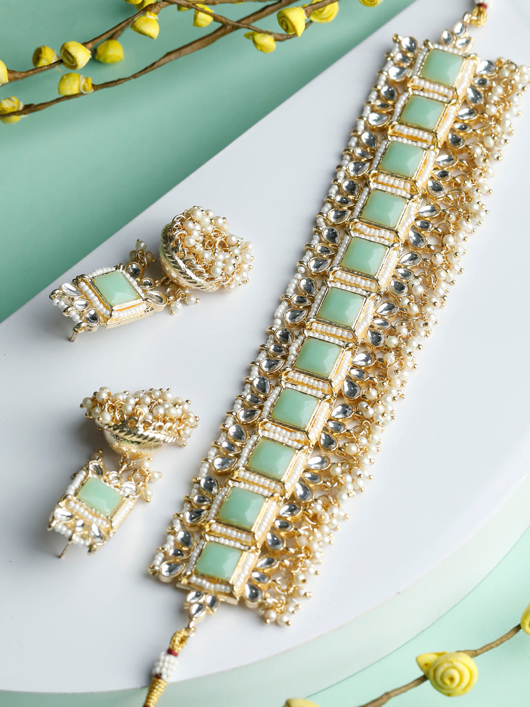 Mint Green Stone Studded Kundan Jewellery Set
