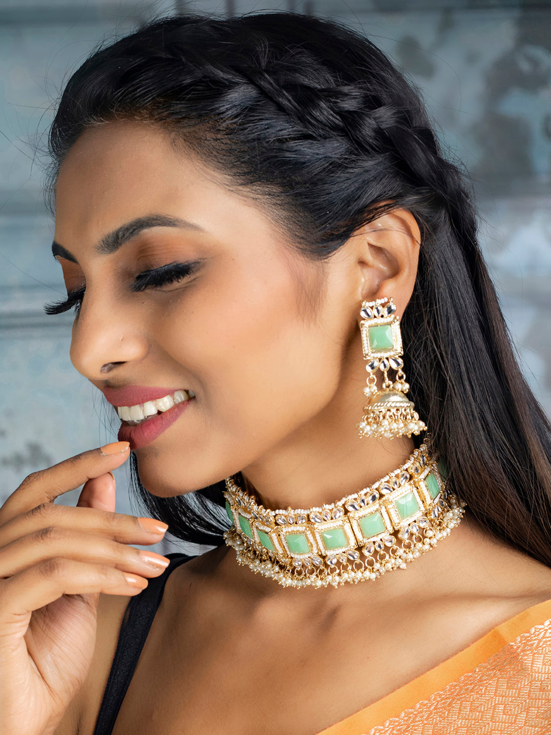 Mint Green Stone Studded Kundan Jewellery Set