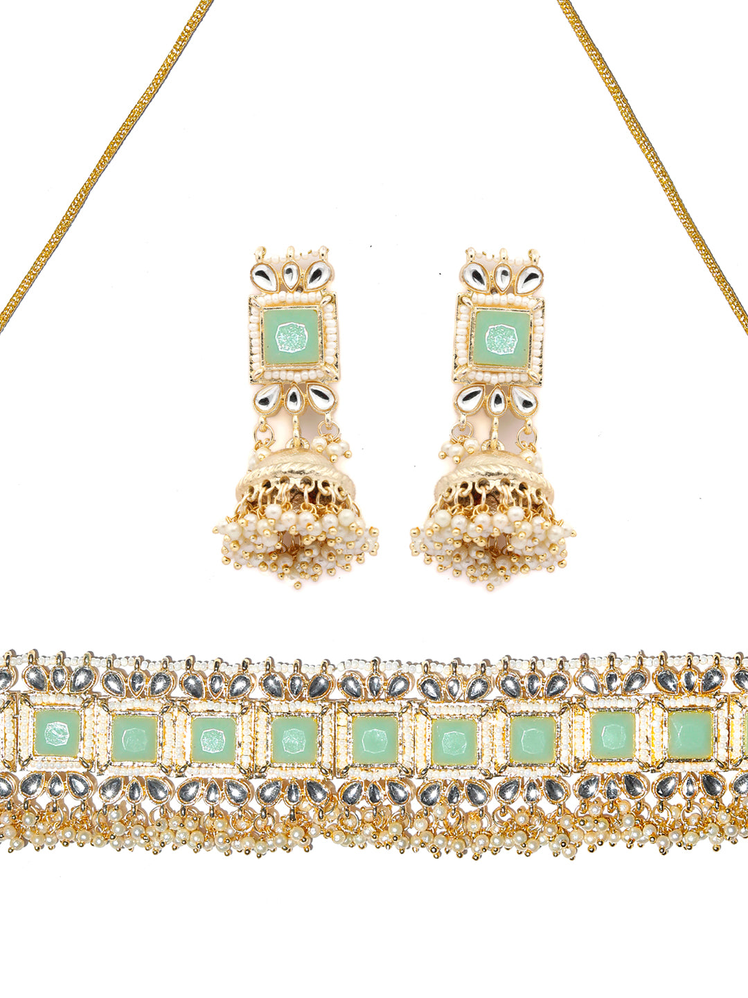 Mint Green Stone Studded Kundan Jewellery Set