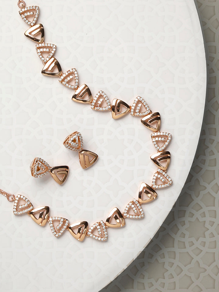 American Diamond Rose Gold Plated Geometric Necklace Set