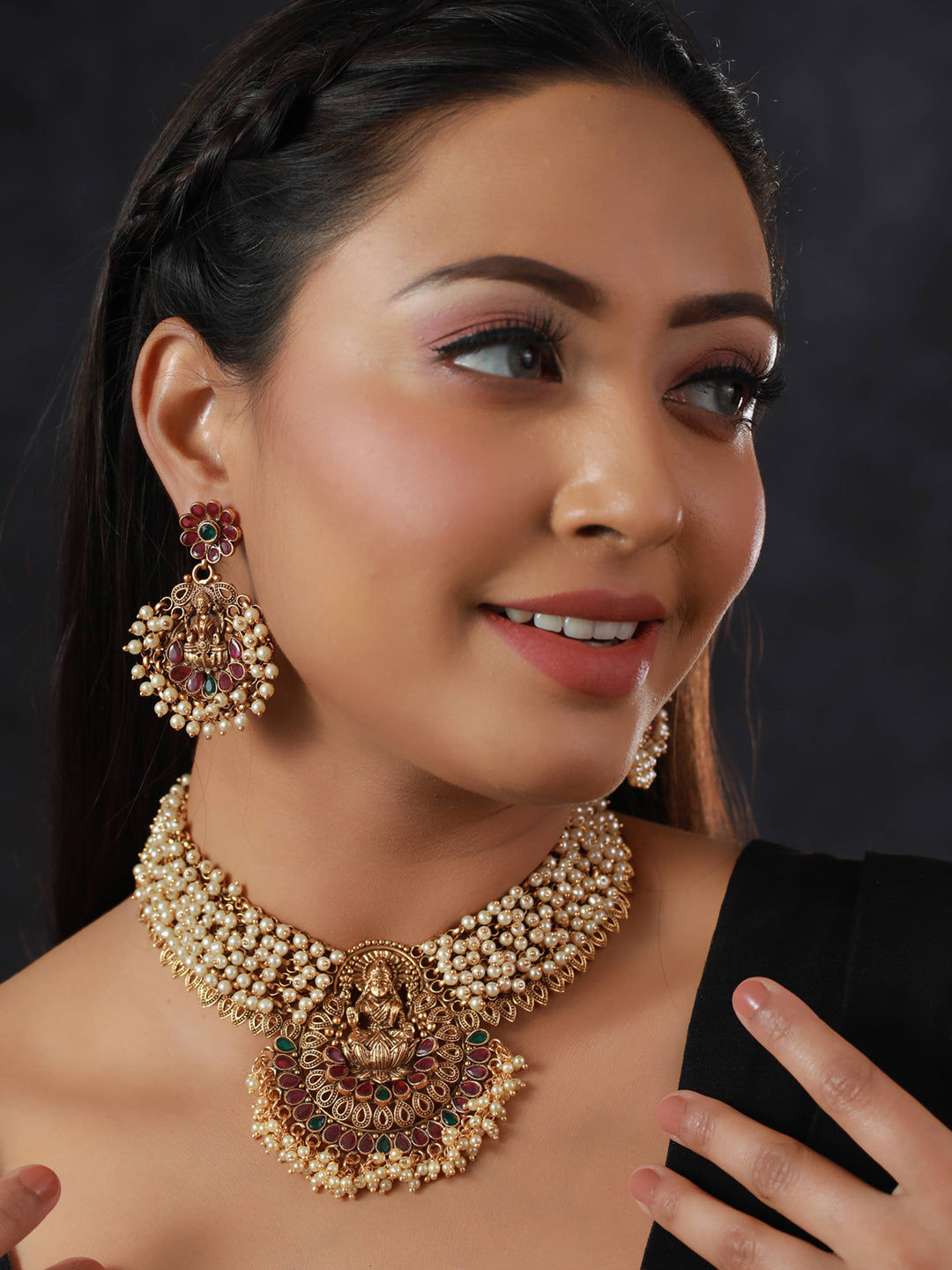 Priyaasi Traditional Ruby & Green Goddess Laxmi Jewellery Set