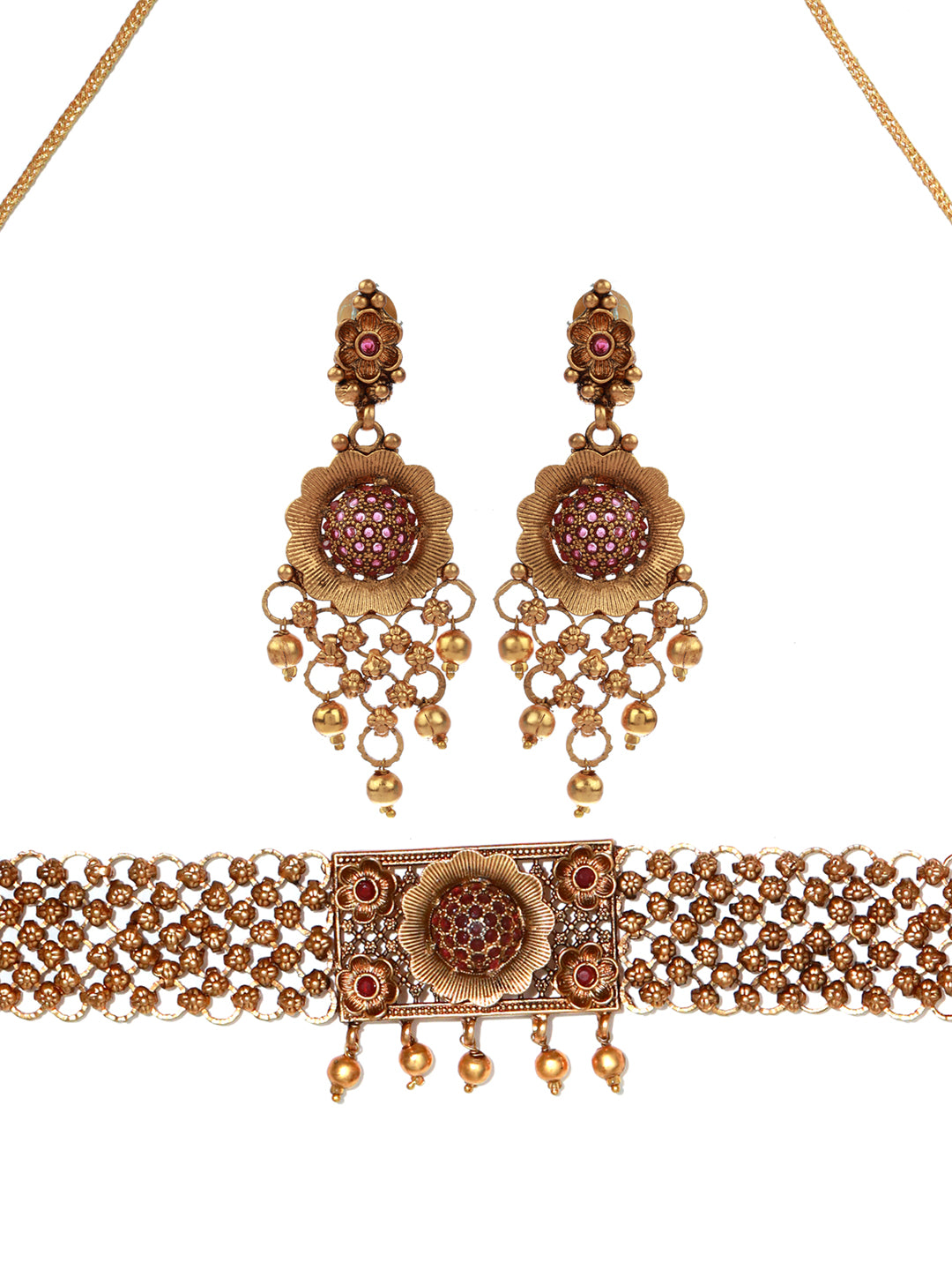 Priyaasi Ruby Gold Plated Floral Jewellery Set